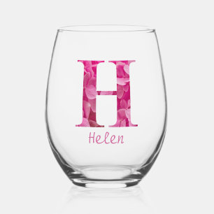Verre À Vin Sans Pied Nom personnalisé Élégant rose floral Monogramme "H