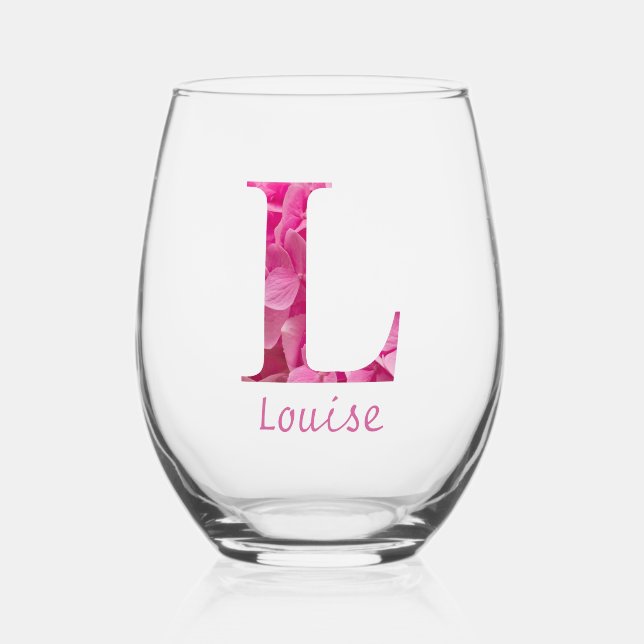 Verre À Vin Sans Pied Nom personnalisé Élégant rose floral Monogramme "L (Recto)
