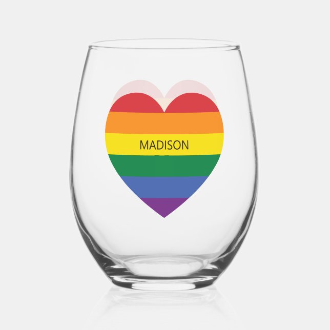 Verre À Vin Sans Pied Nom personnalisé Rainbow Heart (Recto)
