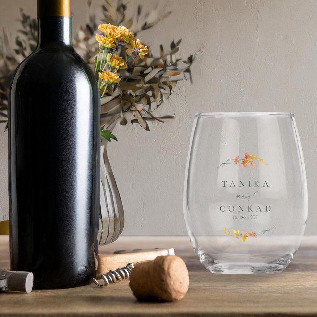 Verre À Vin Sans Pied Noms d'aquarelle Mariage fleur sauvage Gold ID954 (Créateur téléchargé)