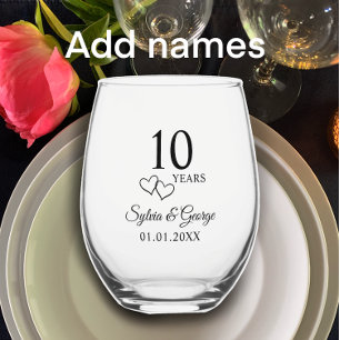 Verre À Vin Sans Pied Noms de couple Coeur 10e anniversaire Mariage Cade
