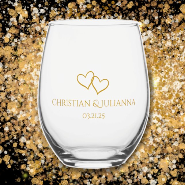 Verre À Vin Sans Pied Noms de couple Date Simple Style Coeurs Mariage (Modern elegant custom couples names date keepsake glass. Unique hand drawn hearts. Chic golden gift.)