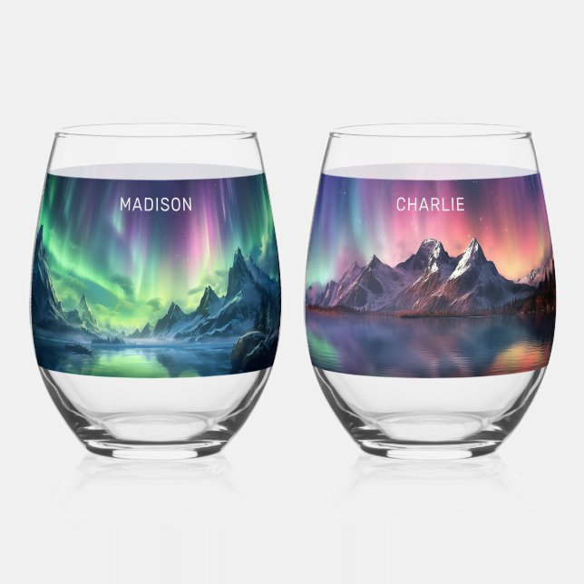 Verre À Vin Sans Pied Noms personnalisés Aurora Borealis (Recto)