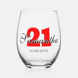 Verre À Vin Sans Pied Numéro d'anniversaire rouge   Date du nom 3D noir