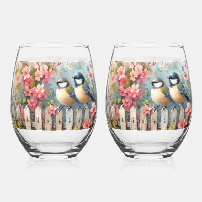 Verre À Vin Sans Pied Oiseaux de printemps et fleurs (Recto)