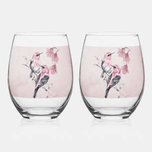 Verre À Vin Sans Pied Oiseaux et fleurs roses en aquarelle