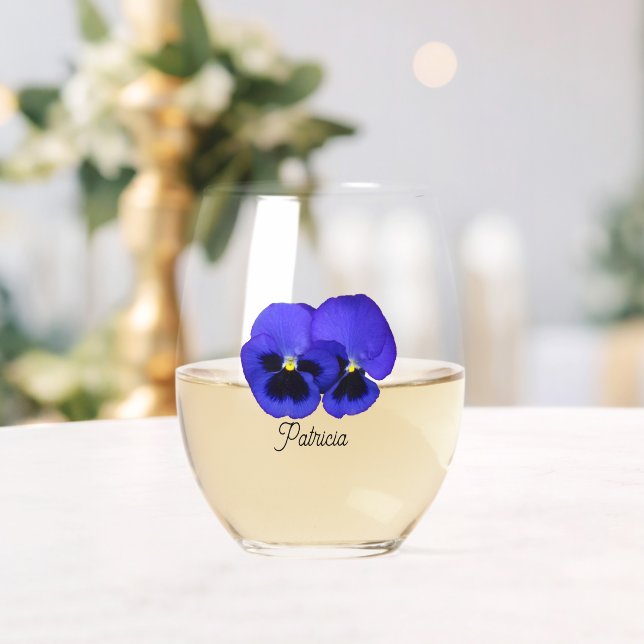 Verre À Vin Sans Pied Pansies violettes avec nom stylisé Floral (Insitu (Mariage))