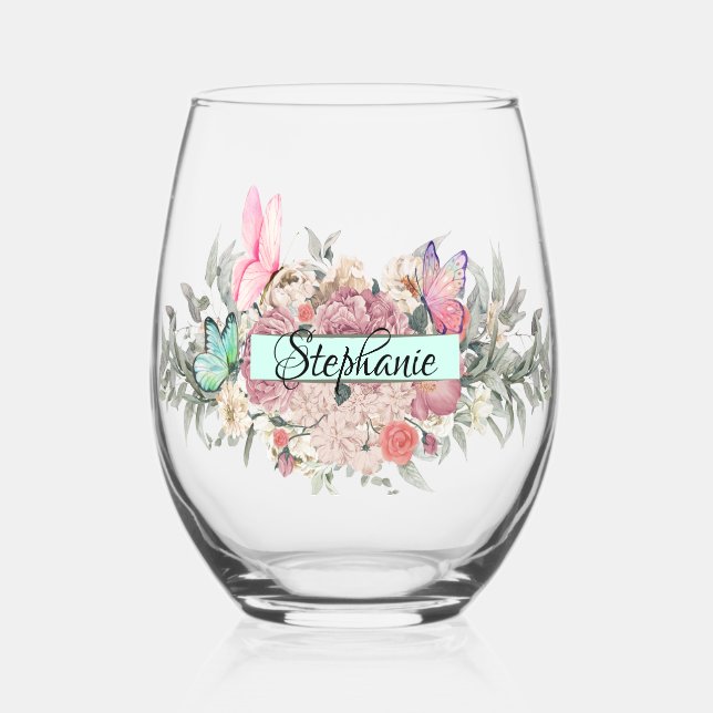 Verre À Vin Sans Pied Papillons Botaniques Personnalisé Fleurs élégantes (Recto)
