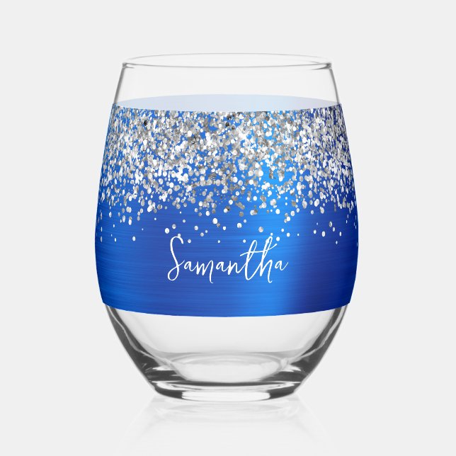 Verre À Vin Sans Pied Parties scintillant d'argent Royal Blue Glam Nom (Recto)