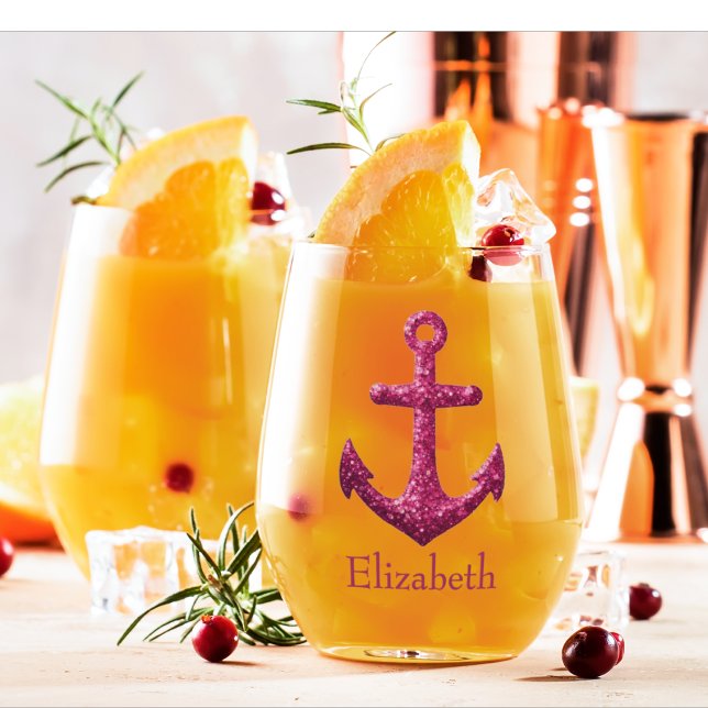 Verre À Vin Sans Pied Parties scintillant rose étincelle Nom de l'Ancre  (Pink Sparkle Nautical Anchor Custom Barware Wine Glass)