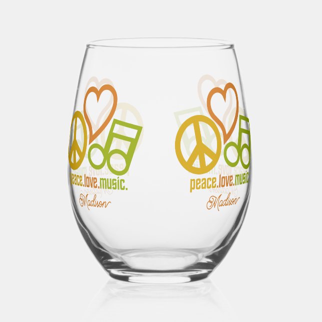 Verre À Vin Sans Pied Peace Love Music nom personnalisé (Recto)