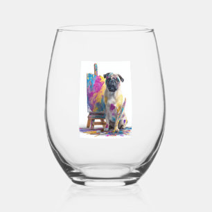 Verre À Vin Sans Pied Peintre Pug � Chien d'Art Abstrait