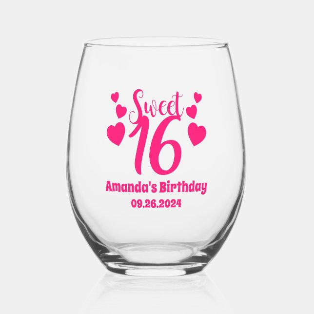 Verre À Vin Sans Pied Personnalisé Custom Sweet 16 Anniversaire Fête Fav (Recto)