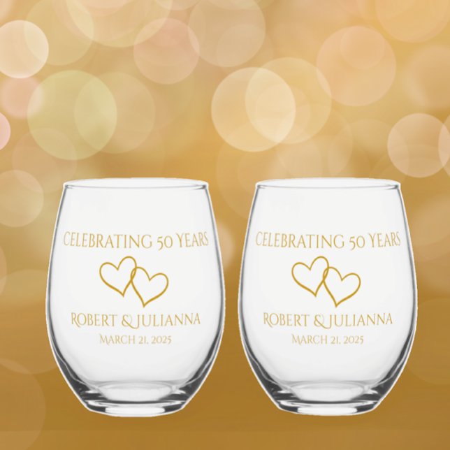 Verre À Vin Sans Pied Personnalisé Elégant Moderne 50e Anniversaire Cade (Add couple's names to these 50th wedding anniversary unique elegant golden tan keepsake glasses.)