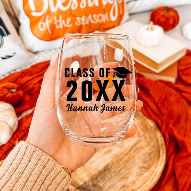 Verre À Vin Sans Pied Personnalisé Gras Noir Classe De 2025 Graduation P (Custom Bold Black Class Of 2025 Graduation Party Stemless Wine Glass
)