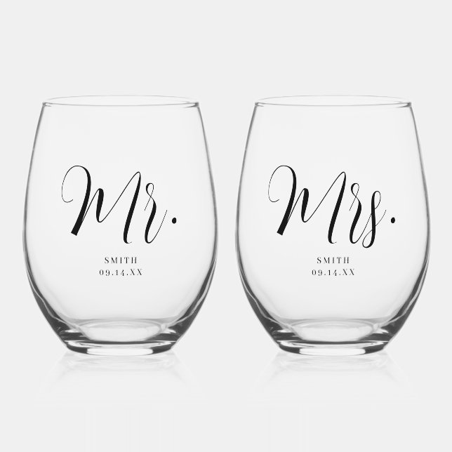 Verre À Vin Sans Pied Personnalisé, M. & Mme' Mariage de script minimal (Recto)