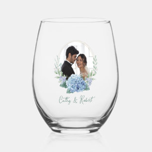 Verre À Vin Sans Pied Photo de Mariage floral bleu et blanc