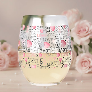 Verre À Vin Sans Pied Pink Hearts Love Script Pattern Happy Valentine's