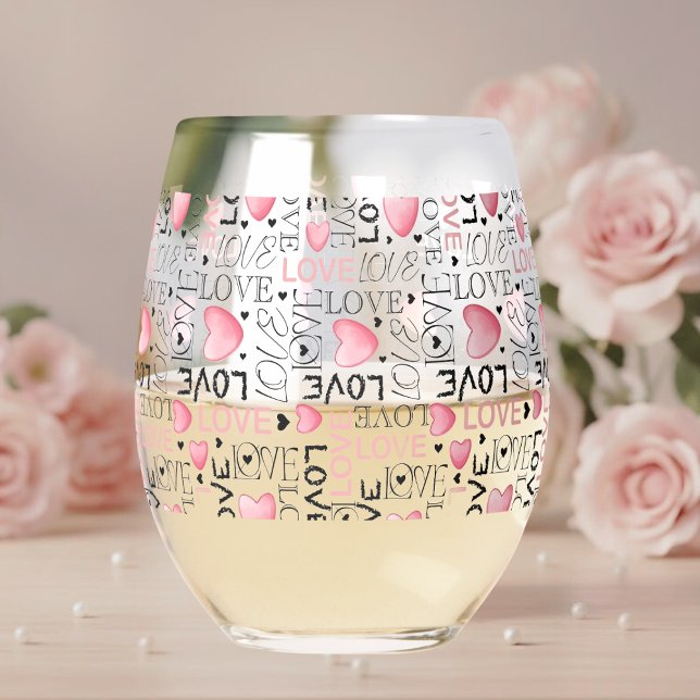 Verre À Vin Sans Pied Pink Hearts Love Script Pattern Happy Valentine's  (Créateur téléchargé)