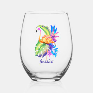 Verre À Vin Sans Pied Plantes et Flamants roses tropicaux Personnalisés