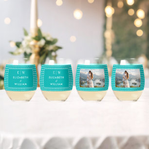 Verre À Vin Sans Pied Points blancs sur sarcelle – Mariage personnalisé