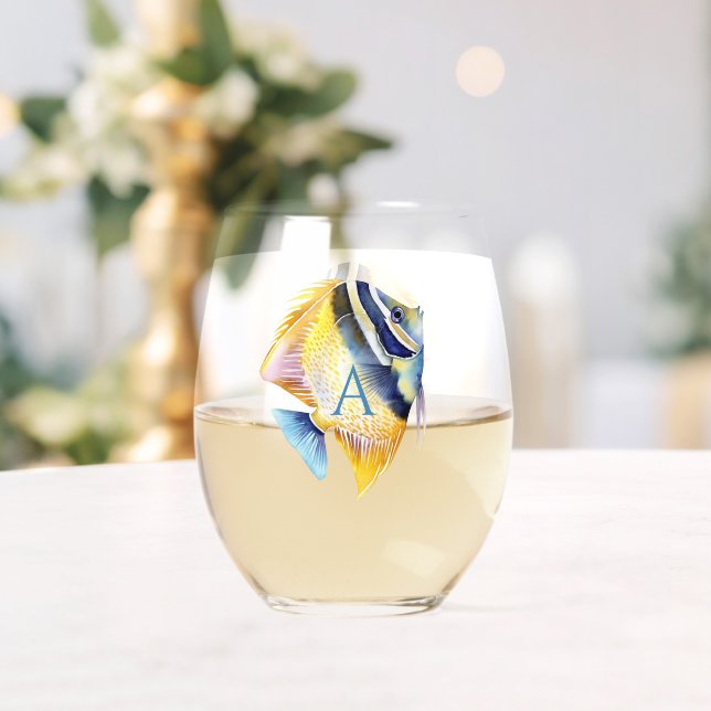 Verre À Vin Sans Pied Poisson d'ange d'aquarelle tropicale personnalisée (Insitu (Mariage))