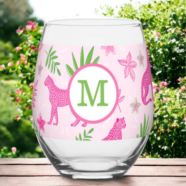 Verre À Vin Sans Pied Preppy Monogram rose Cheetah Arrière - plan rose (Créateur téléchargé)
