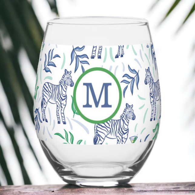 Verre À Vin Sans Pied Preppy Navy Zebra Martinis White Monogramme (Créateur téléchargé)