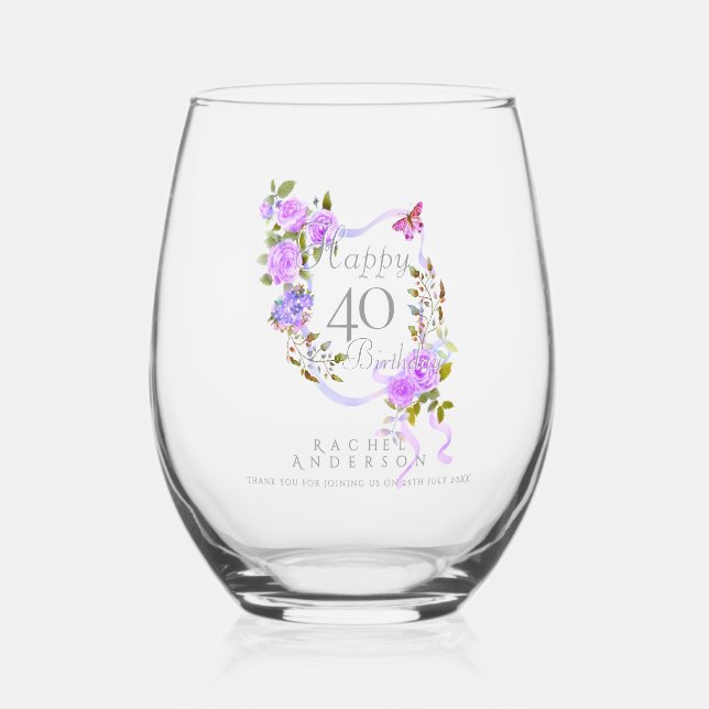 Verre À Vin Sans Pied Purple Rose Ribbon 40th Birthday (Recto)