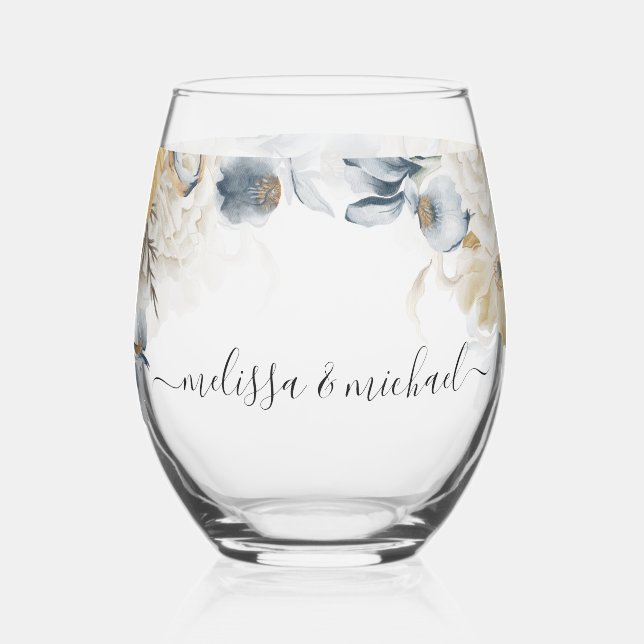 Verre À Vin Sans Pied QUELQUE CHOSE DE Merci Mariage Floral BLEU (Gauche)