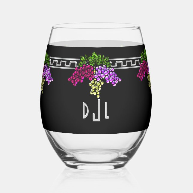 Verre À Vin Sans Pied Raisins Art Déco - Noir, Argent, Violet Monogramme (Recto)