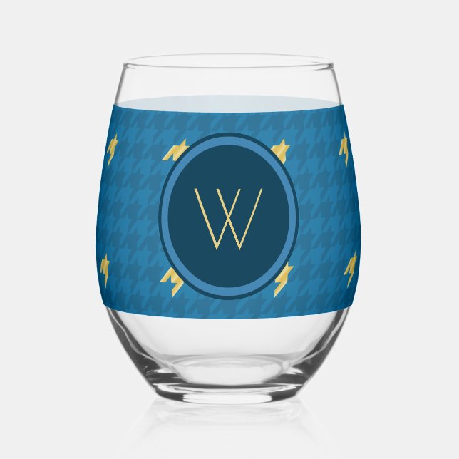 Verre À Vin Sans Pied Rayé de petits losanges bleu avec accent doré (Recto)