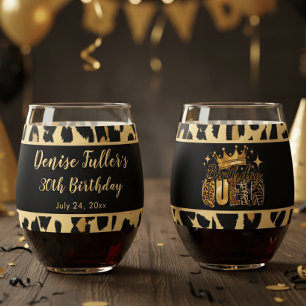 Verre À Vin Sans Pied Reine de l'anniversaire de léopard amusant Trente