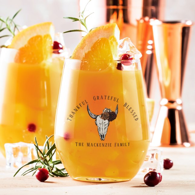 Verre À Vin Sans Pied Remerciements Heureux Béni Western Friendsgiving (Thankful Grateful Blessed Western Thanksgiving Fall Harvest, Cow Skull & Roses. Text & Family Name.)