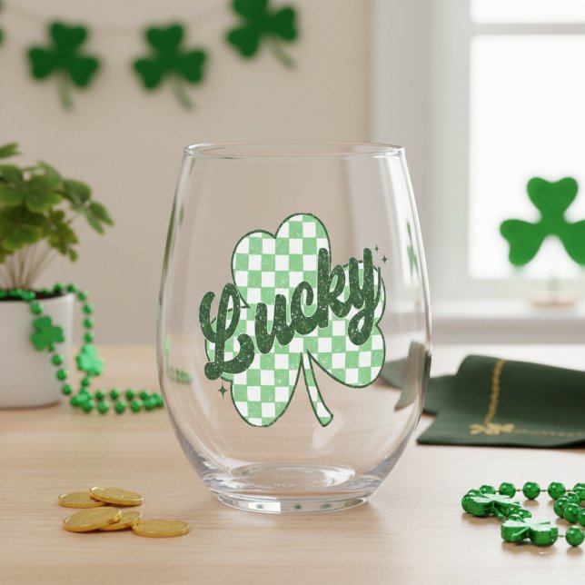 Verre À Vin Sans Pied Retro Lucky St Patrick's Day Shamrock (Retro Lucky St Patrick's Day Shamrock Stemless Wine Glass)