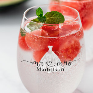 Verre À Vin Sans Pied Robe de mariée Mr❤️Mrs Bouquet rose 