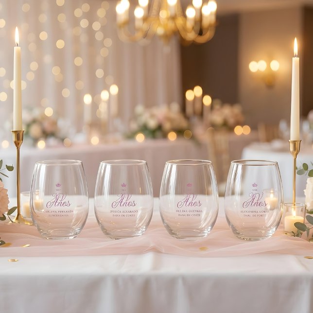 Verre À Vin Sans Pied Romantic Exquisite Mis XV Spanish Script Crown (Romantic Exquisite Mis XV Spanish Calligraphy with Princess Crown Set Stemless Wine Glass for Quince)