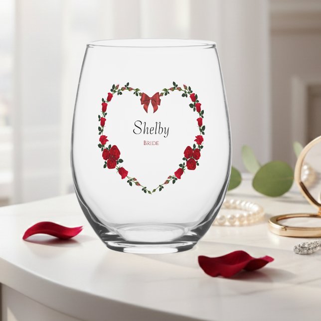 Verre À Vin Sans Pied Romantic Red Rose Heart Bride To Be Drinkware Set (Romantic red rose heart wine glass, the perfect personalized gift for the bride-to-be.)