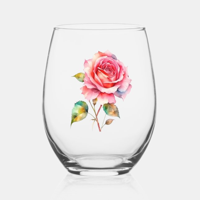 Verre À Vin Sans Pied Rose aquarelle. Rose avec tige (Recto)