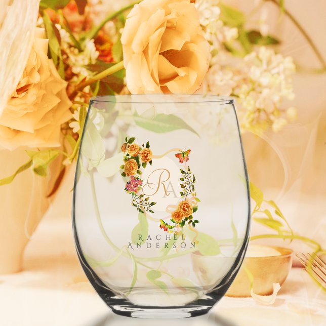 Verre À Vin Sans Pied Rose d'or Ruban Chic Monogramme (Romantic Gold Rose Ribbon Monogram  Wine Glass.)
