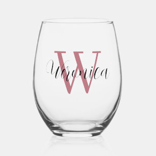 Verre À Vin Sans Pied Rose Gold Initial et Black Name Élégant