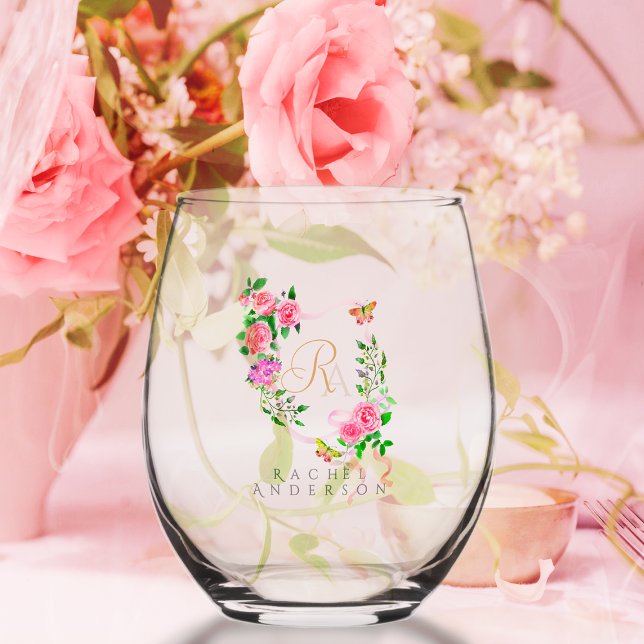Verre À Vin Sans Pied Rose rose ruban Chic Monogramme (Romantic Pink Rose Ribbon Monogram Wine Glass.)