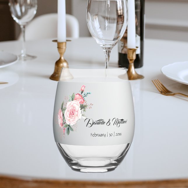 Verre À Vin Sans Pied Roses roses roses élégantes et Mariage argenté (Créateur téléchargé)