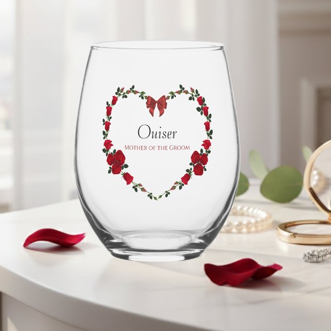 Verre À Vin Sans Pied Roses Rouges Élégantes Cadeau pour la Mère du Mari (Sophisticated red rose wine glass—a lovely keepsake for the Mother of the Groom.)