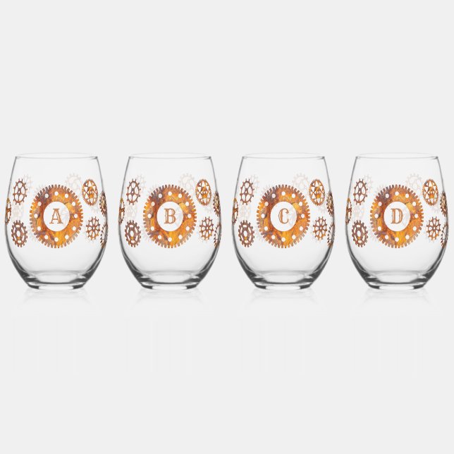 Verre À Vin Sans Pied Rousty Gears Steampunk Custom Initial (Gauche)