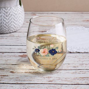 Verre À Vin Sans Pied Rustique Pays Marine Bleu et Pêcher Floral Mariage