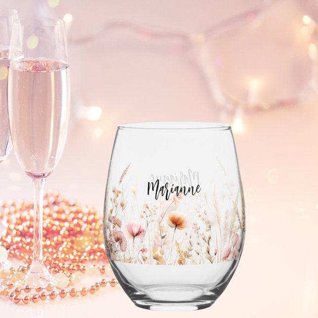 Verre À Vin Sans Pied Script de nom personnalisé Fleurs sauvages (Créateur téléchargé)
