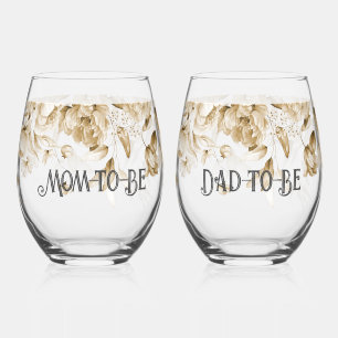 Verre À Vin Sans Pied Sepia Floral Drop l Baby shower Maman & Papa-to-be