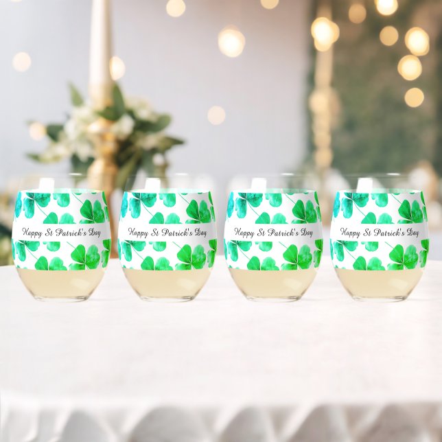 Verre À Vin Sans Pied Shamrock irlandais Vert bleu aquarelle Nom personn (Insitu (Mariage))