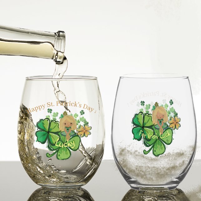 Verre À Vin Sans Pied Shamrock ST Patrick (Shamrock ST Patrick's Day stemless Glass with girl holding shamrock leaf, for Irish luck)